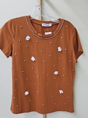 New Brown Women T-shirt Whith Rhinestone